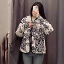 ジャケット レディース コットン アウター 秋冬 リバーシブル プリント ゆったり Vネック 黒(x2)(4)