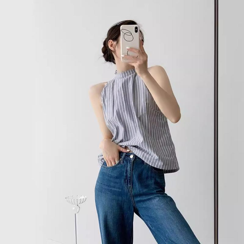 タンクトップ レディース 春夏 ストライプ 水洗いコットン ギャザー ノースリーブ 肩出し チュニック