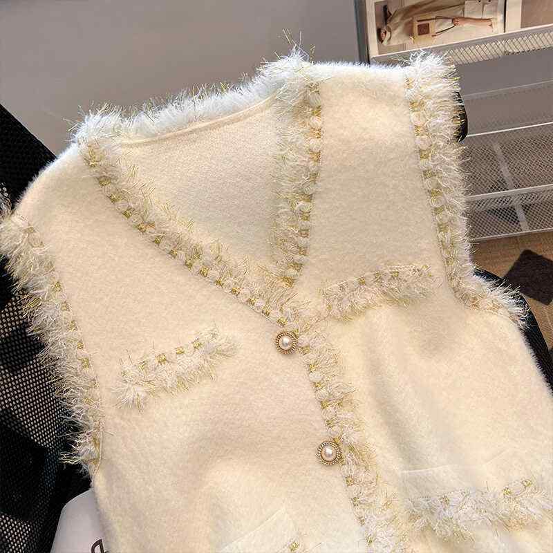 ベスト レディース フリンジ Vネック ポリエステル ショート丈 トップス アウター プチプラ 韓国 きれいめ かわいい 黒 白(x2)