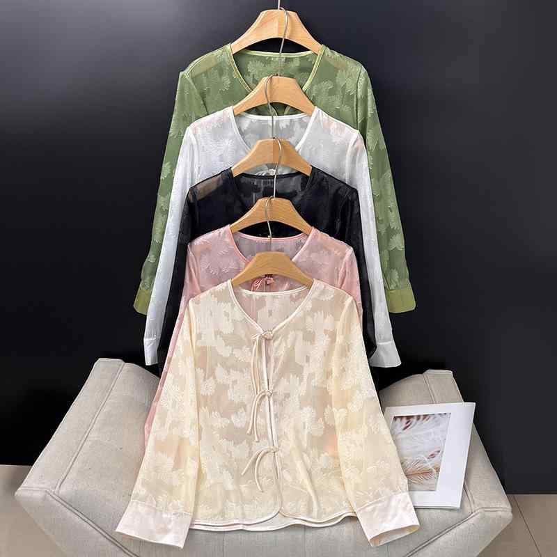 カーディガン レディース 新チャイナ風 UVカット 薄手 トップス 中国風 ミディアム丈 長袖 ラウンドネック 羽織り 文芸 レトロ ミルクホワイト オフホワイト グリーン ピンク ブラック