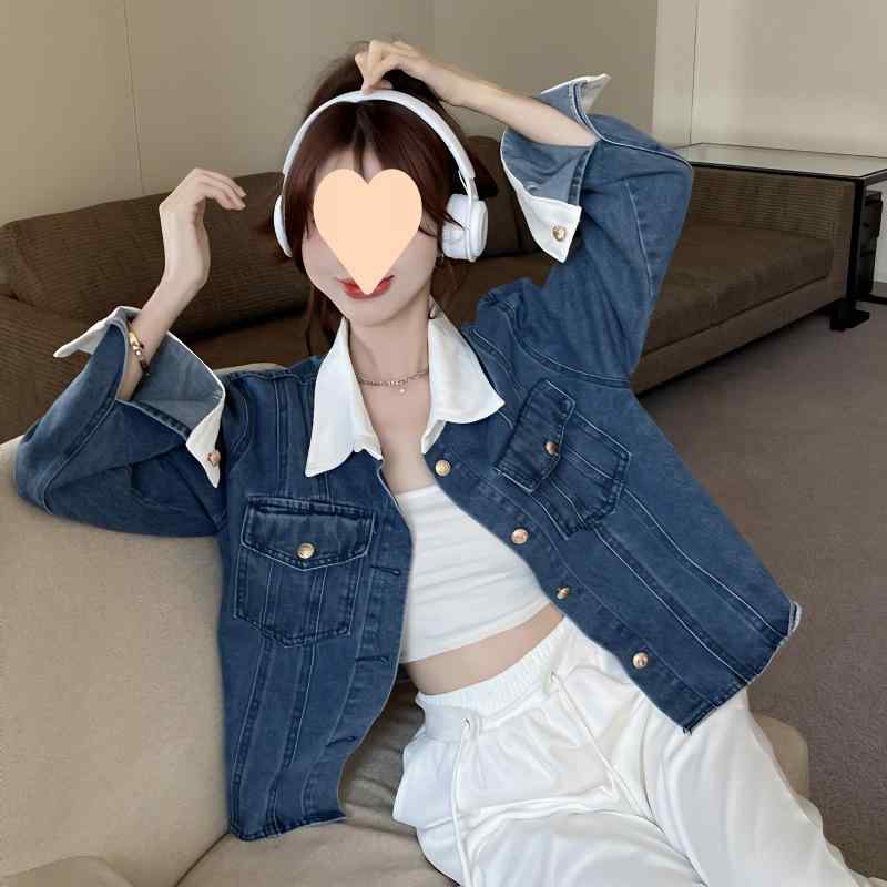 デニムジャケット レディース 2025年 春秋 A字型 ショート丈 ポリエステル 綿 長袖 立襟 ブルゾン トップス アウター ブルー ブラック