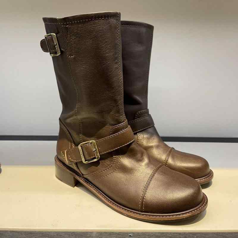 ブーツ レディース 牛革 ショートブーツ ミドル丈ブーツ ジョッキーブーツ 乗馬ブーツ 秋冬 革 レザー ラウンドトゥ ローヒール プルオン 黒 ブラック 茶 ブラウン