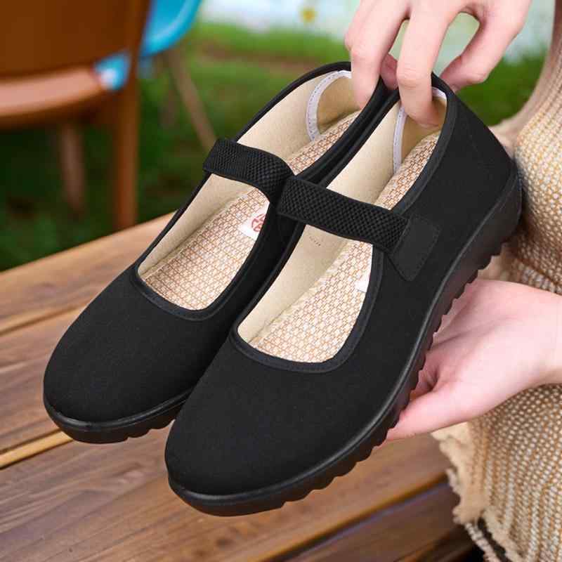 布靴 レディース 春夏 ぺたんこ靴 スリッポン 浅履き 通気性 黒 綿布 ローヒール ラウンドトゥ フラット 普段使い 散歩 立ち仕事 柔らかい