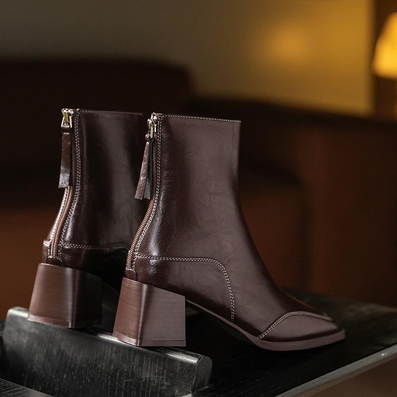 ブーツ レディース 秋冬 ショートブーツ 太ヒール 馬丁靴風 英国風 レッドブラウン ブラック スクエアトゥ ハイヒール 6cm