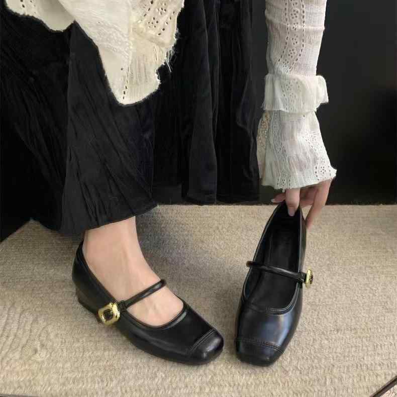 マリージェーン レディース 靴 メタル スクエアトゥ ローヒール 婦人靴 フラットシューズ スリッポン ..