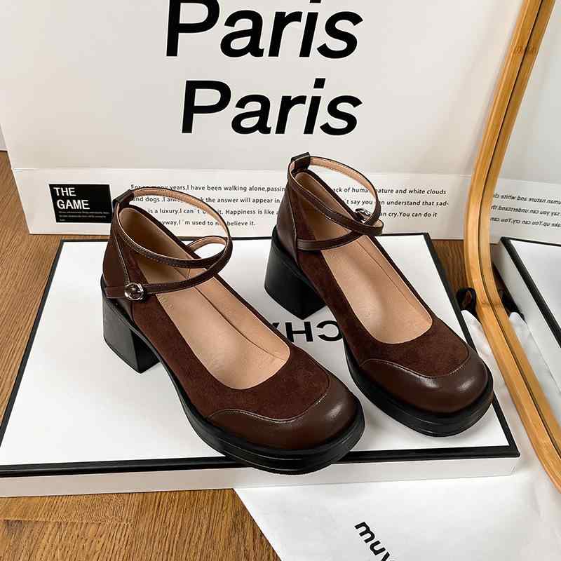 高跟パンプス レディース メリージェーン ラウンドトゥ 太ヒール クロストラップ 配色 スエード調 チャンキーヒール ローカット 春夏 普段使い パーティー デート ブラウン ブラック