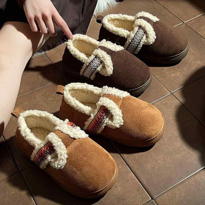 ルームシューズ レディース 秋冬 加絨 保温 合わせやすい スリッパ 厚底 ビーンシューズ 浅棕色 ブラック 深みのブラウン
