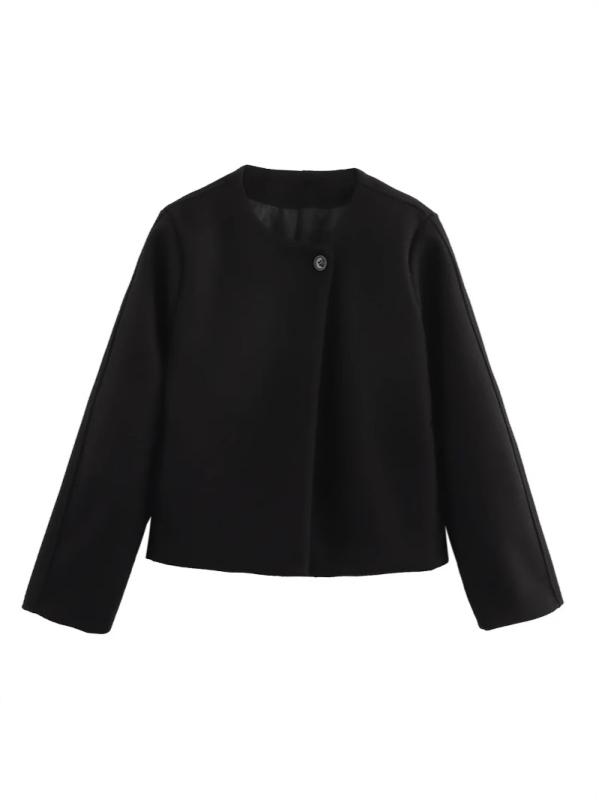 コート レディース 秋冬 ウール混 丸首 厚手 一つボタン ゆったり カジュアル ストリート 無地 グレー ブラウン ブラック オフホワイト ポリエステル