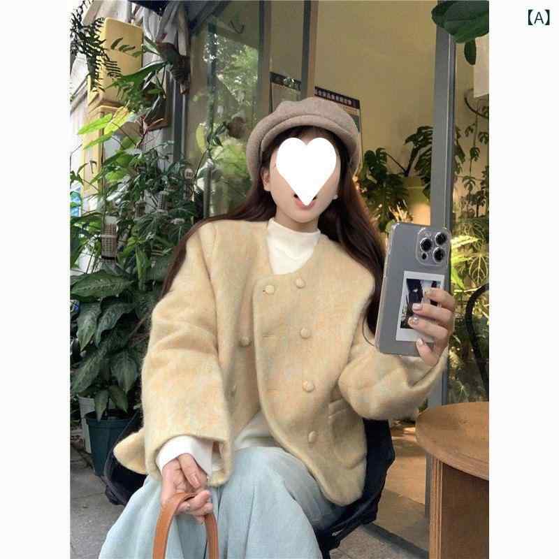 ジャケット レディース 毛織地 アウター 春秋 ショート丈 ラウンドネック ゆったり 厚手 黄色 グレー 通勤 きれいめ