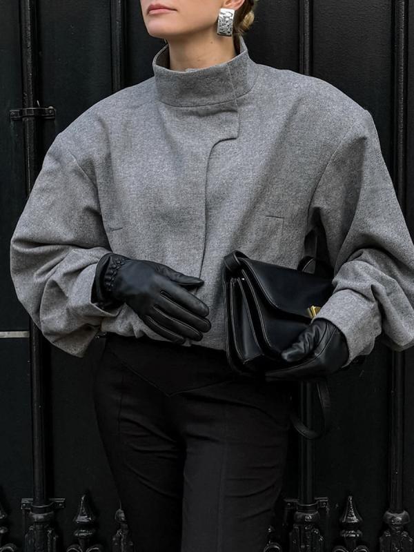 コート レディース 毛織 通勤 立襟 厚手 ゆったり グレー テーラード ポリエステル 無地 秋冬