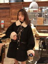 コート レディース 羊毛風 襟 アウター 秋冬 服 中長丈 POLO襟 ゆったり ブラック ポリエステル 無地 貼り付け 切り替え 年秋 私服 名媛風 (x2)