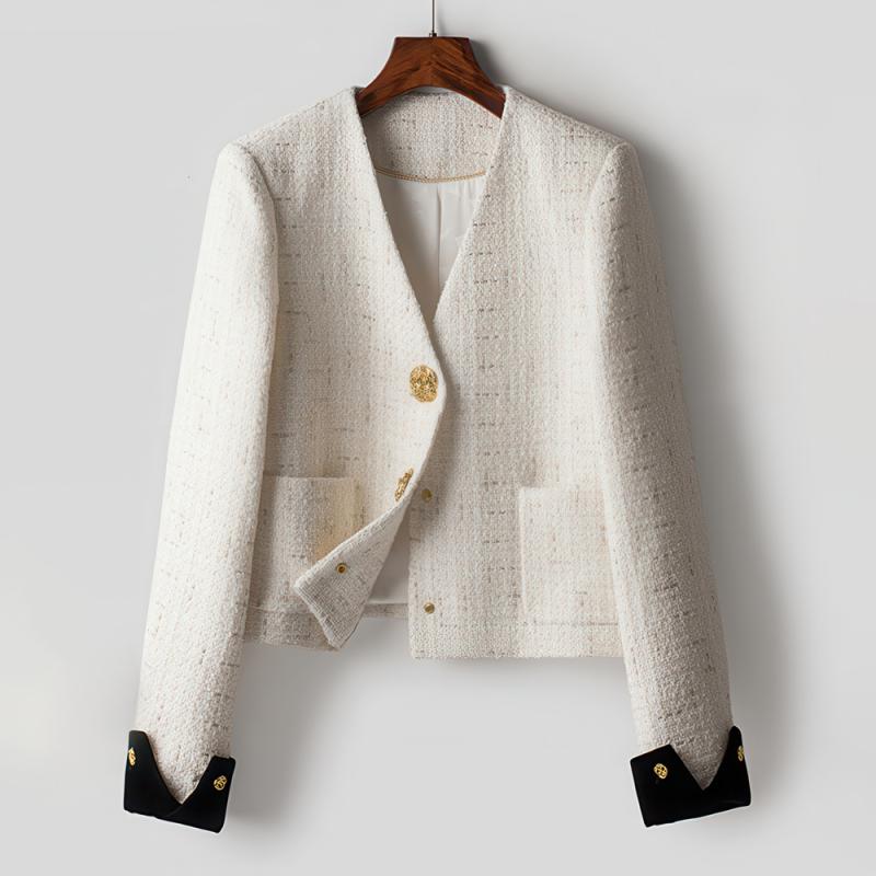 ジャケット レディース 春 Vネック ツイード 韓国 アウター トップス 長袖 ショート丈 ブラック 黒 ホワイト 白 ポリエステル アクリル