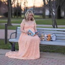 ワンピース レディース レース 妊婦 産前産後 マタニティドレス ロング丈 オフショルダー 半袖 フリル袖 ホワイト ピンク系 伸縮性