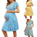 ワンピース レディース 妊婦 Vネック 膝丈 ポリエステル ゆったり 3分袖 授乳服 普段使い 配色 イエロー スカイブルー グリーン 快適 楽ちん カジュアル