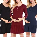 マタニティワンピース レディース 授乳服 7分袖 膝丈 ポリエステル 無地 赤 黒 紺 春夏 秋冬 産前 産後 ゆったり 妊婦服 婦人服