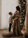 ワンピース レディース 妊婦 授乳 マタニティ ロング Aライン パフスリーブ ポリエステル ゆったり ギャザー オレンジ ピンク系