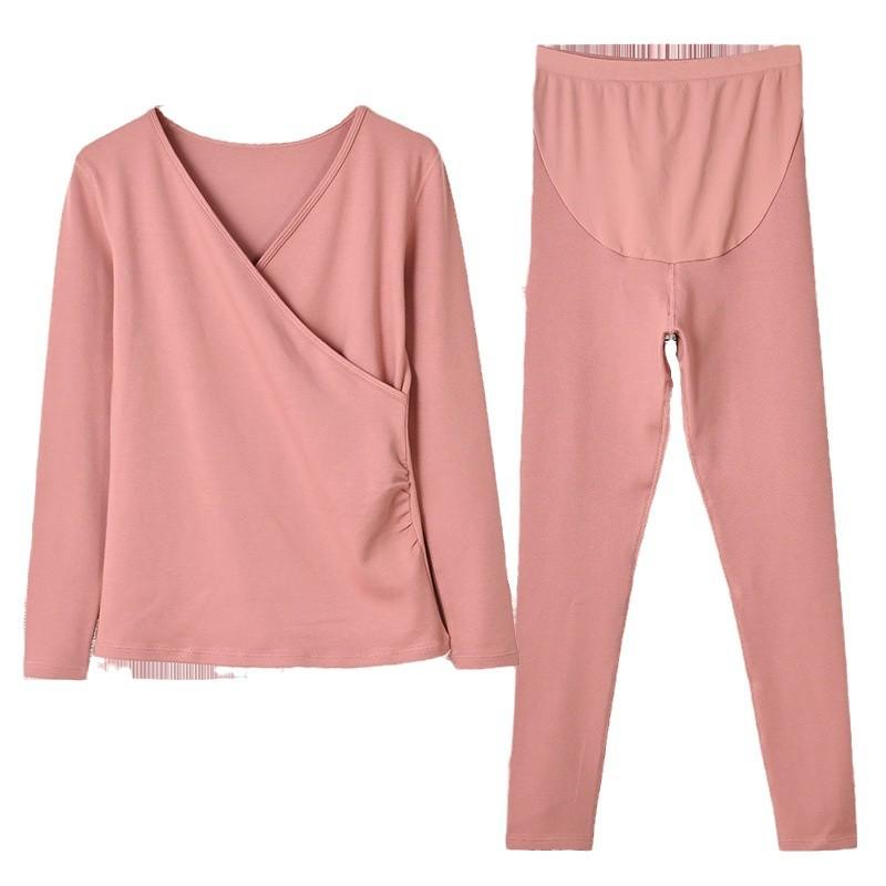 マタニティウェア 秋冬 上下セット 授乳服 長袖 トップス ズボン 綿 厚手 裏起毛 妊婦服 産後 部屋着 ルームウェア あったか ブラック ベージュ ピンク系(x2)