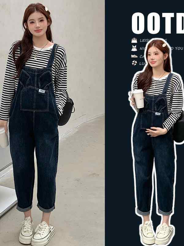 マタニティ デニム サロペット パンツ 春秋 妊婦 産前 産後 ゆったり 楽ちん かわいい ウサギ耳 コットン デニムブルー