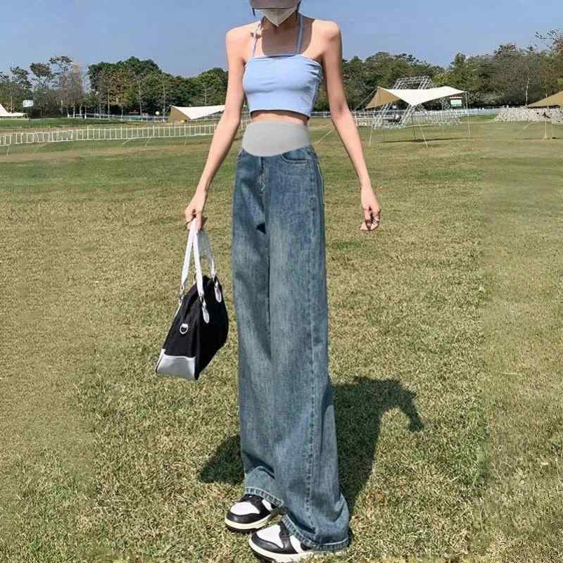 マタニティ パンツ 春秋 デニム ワイドレッグ ストレート 妊婦 ズボン コットン 復古 ブルー