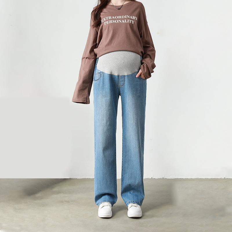 マタニティ デニム ジーンズ パンツ ゆったり ワイドレッグ 腹部サポート コットン 伸縮性 春夏 秋冬 ブルー ブラック