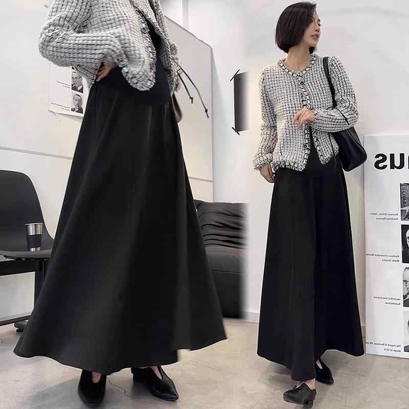 マタニティ スカート 春秋 Aライン 妊婦服 婦人服 ミモレ丈 ポリエステル ゆったり 伸縮性 おしゃれ 黒 ブラック ブラウン系