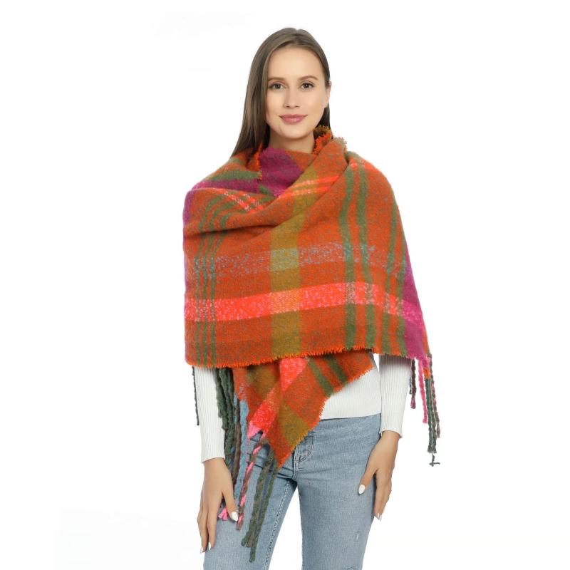 マフラー レディース 秋冬 厚手 格子柄 ストール ショール 粗編み フリンジ 暖かい ポリエステル ブルー 青色 グリーン 緑 ブラック 黒 ピンク オレンジ ネイビー 草色(4)