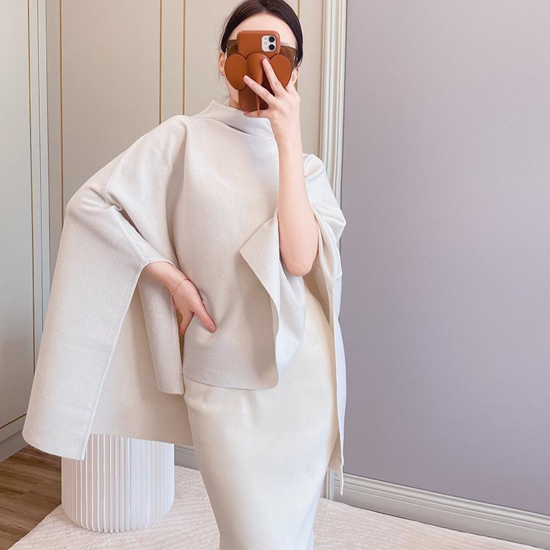 ポンチョ レディース 羊毛混紡 アウター ケープ コート 秋冬 マカロンカラー 蝙蝠袖 ゆったり ハーフハイネック ウール ブラック グレー ベージュ