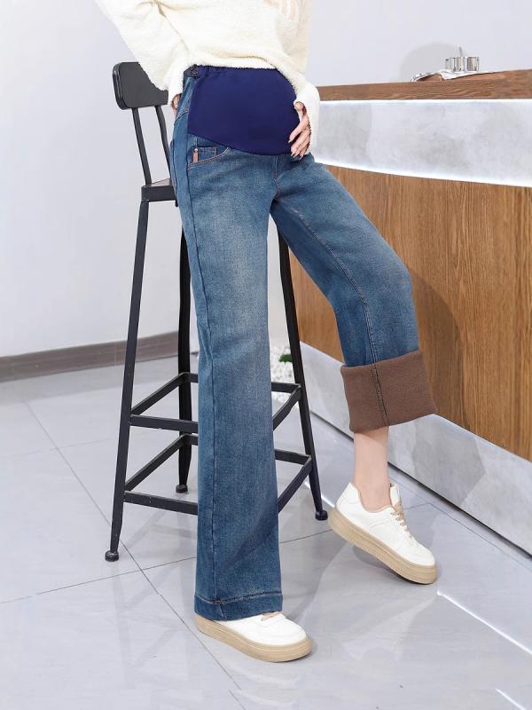 マタニティ デニムパンツ 裏起毛 ストレート ゆったり 大きいサイズ 妊婦服 産前産後 保温 秋冬