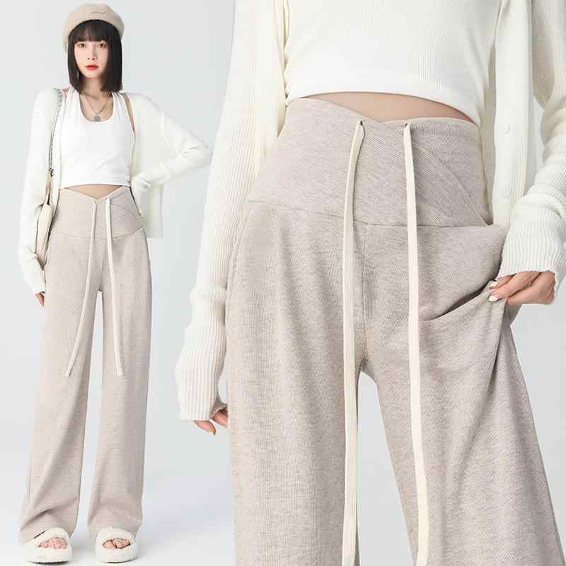 マタニティ パンツ 春秋 ロングパンツ 妊婦服 アジャスター付き ワイドレッグ 混紡 伸縮性 ブラック グレー ベージュ