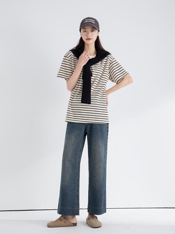 マタニティ デニム パンツ ゆったり ワイドレッグ ストレート 妊婦 ズボン コットン 水色 M L XL XXL