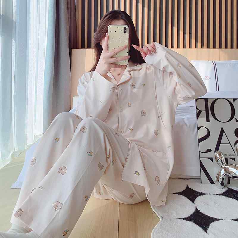 マタニティパジャマ 春夏 月子服 産褥婦 5分袖 綿 授乳服 ルームウェア 薄手 小熊柄 ピンク系 グリーン