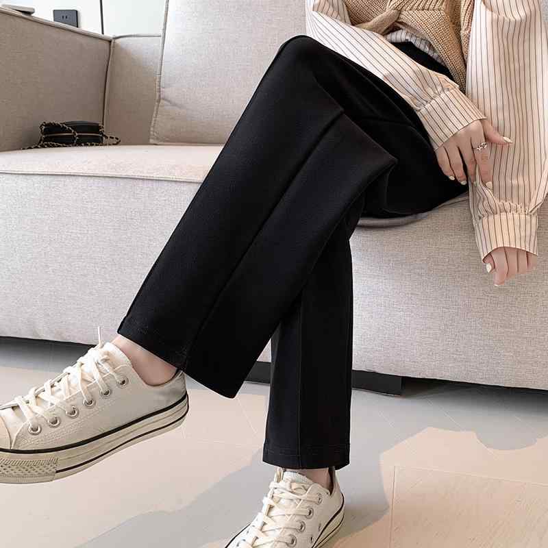 マタニティ パンツ 秋冬 妊婦 ズボン ストレート 9分丈 小柄 ポリエステル 黒 無地 産前産後