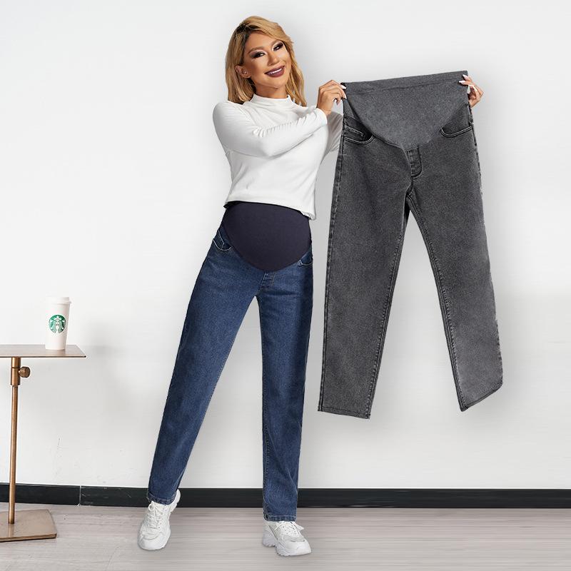 マタニティ デニムパンツ 秋冬 妊婦服 ジーンズ ズボン 大きいサイズ ゆったり 伸縮性 股上深め コットン ブルー グレー
