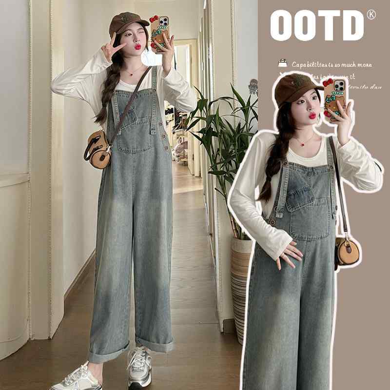 マタニティ デニム サロペット 韓国 ジーンズ ＋ Tシャツ セットアップ ゆったり 妊婦服 春秋 産前 産後 授乳服 体型カバー M L XL 2XL