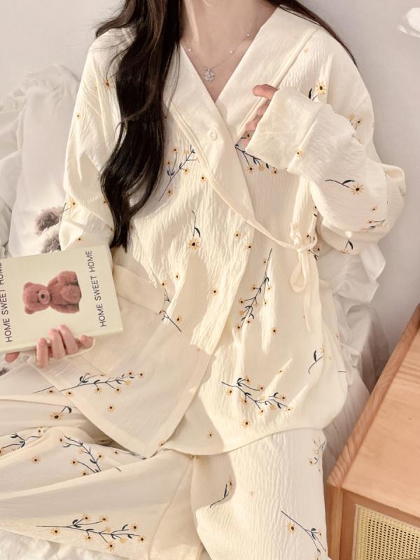 マタニティウェア 授乳服 春秋 綿 ルームウェア 産後 パジャマ ガーゼ 妊婦 授乳口付き 調節可能 長袖 長ズボン コットン70% 花柄 L XL XXL XXXL