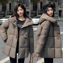 ダウンジャケット レディース フード付き 中綿 コート アウター 秋冬 冬服 暖かい ゆったり ミドル丈 ポリエステル 米白 黒 コーヒー色 灰緑
