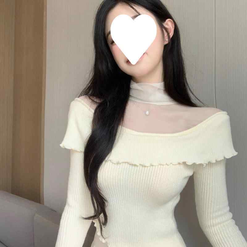 ニット レディース チュール 切り替え 長袖 トップス 秋冬 インナー 杏色 粘着繊維 スリムフィット エレガント 通勤