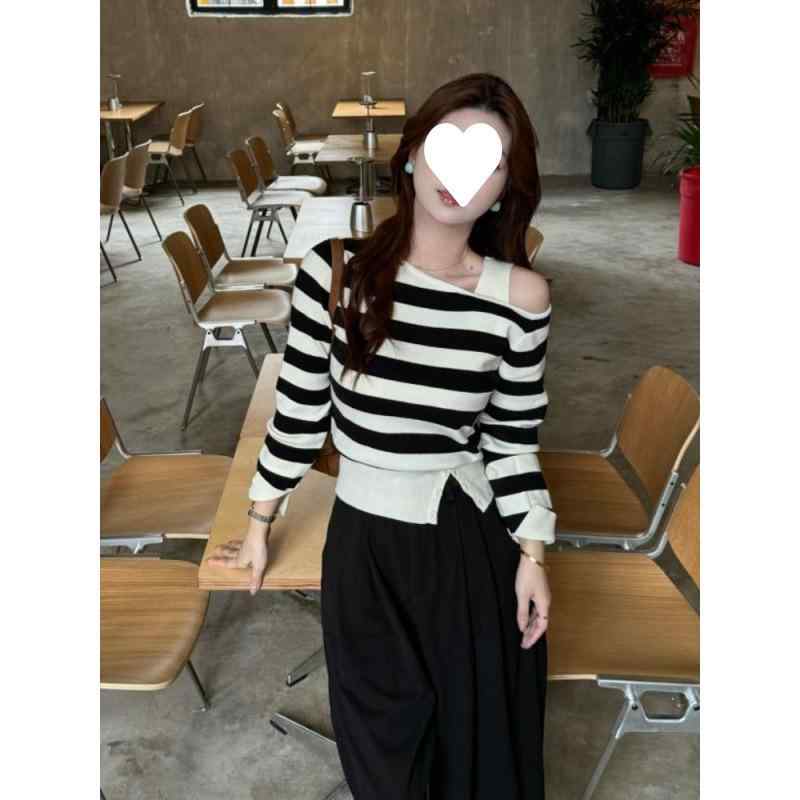 ニット レディース 秋冬 長袖 ボーダー柄 アプリコット ダークグレー ブラック 伸縮性 チーパオ風 肩出し アシンメトリー 通勤 普段使い