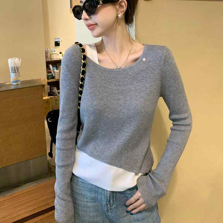 ニット レディース 秋冬 肩出し 長袖 プルオーバー トップス 配色 切り替え スリム インナー ニットソー グレー 杏色 黒 ピンク系(x2)