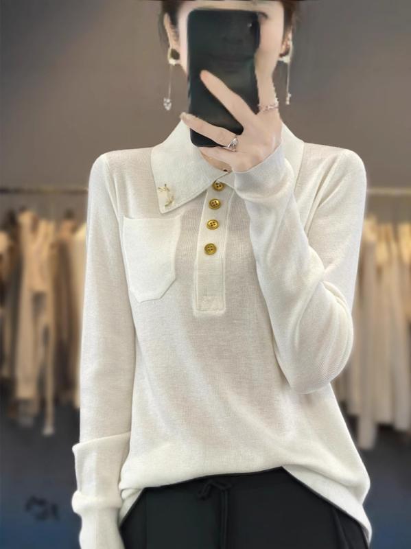ニット レディース 春秋 POLOネック 長袖 プルオーバー トップス カットソー ポリエステル 混紡 ウール セーター 無地 インナー カジュアル S M L XL XXL ホワイト グレー カーキ ネイビー(x2)(4)