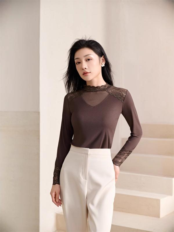 レーストップス レディース 長袖 スウィート シフォン インナー ハーフハイネック チュールネット シャツ スリムフィット ブラック ホワイト ベージュ グリーン コーヒー 日韓スタイル 普段使い