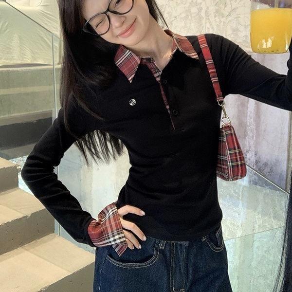 ポロシャツ レディース チェック柄 長袖 トップス 春秋 ニット スリムフィット 細見え 刺繍 ポリエステル ブラック 黒 通勤 オフィス カジュアル
