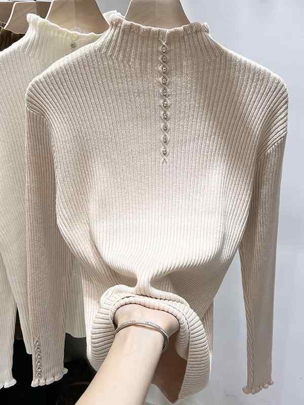 ニット レディース 秋冬 長袖 半高ネック トップス インナー 接触冷感 伸縮性 リブニット きれいめ かわいい エレガント 黒 ピンク系 ベージュ ブルー(x2)