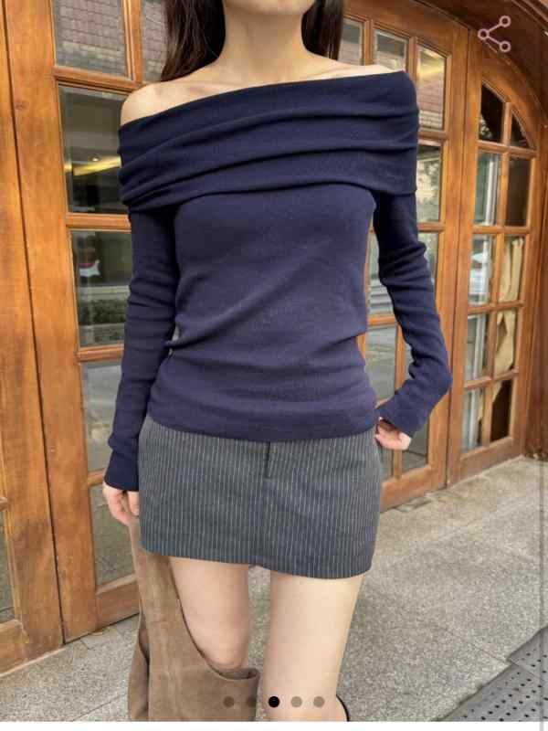ニット レディース 一字肩 長袖 トップス スリム 接触冷感 コットン混紡 紺色 ネイビー系 カットソー