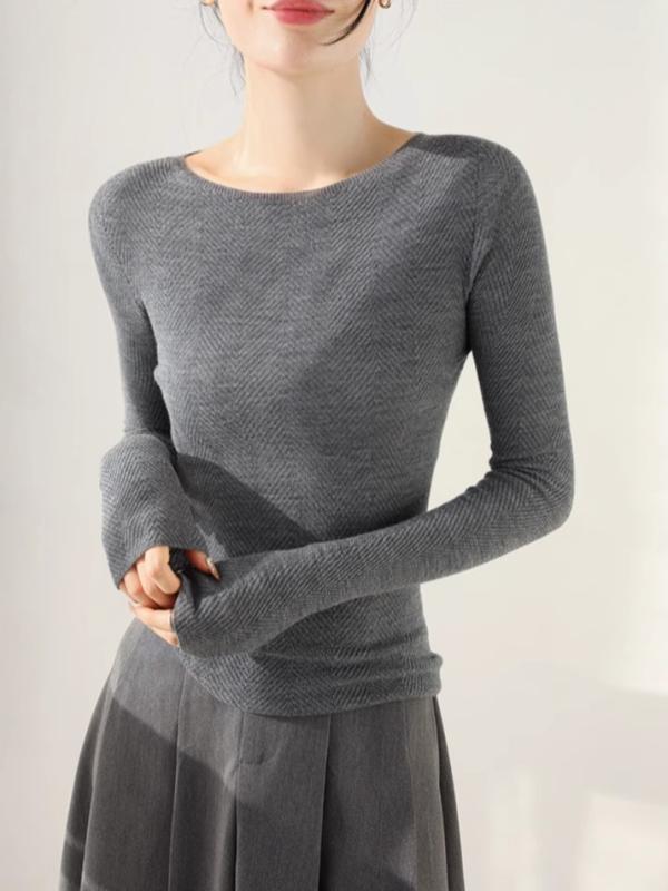 ニット レディース 春 無地 ラウンドネック インナー トップス グレー ポリエステル 通勤着 普段使い 長袖 カットソー(4)