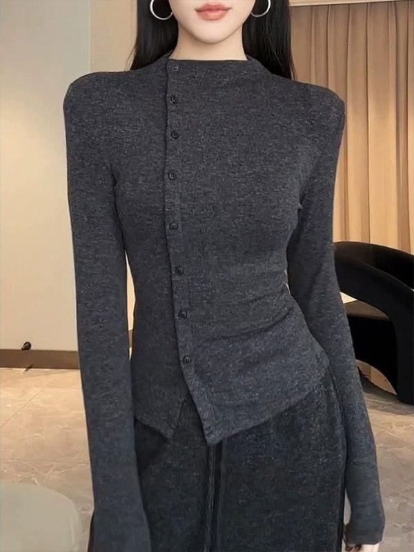 Tシャツ レディース 長袖 秋 深グレー 磨毛 スリムフィット 性 インナー トップス(x2)