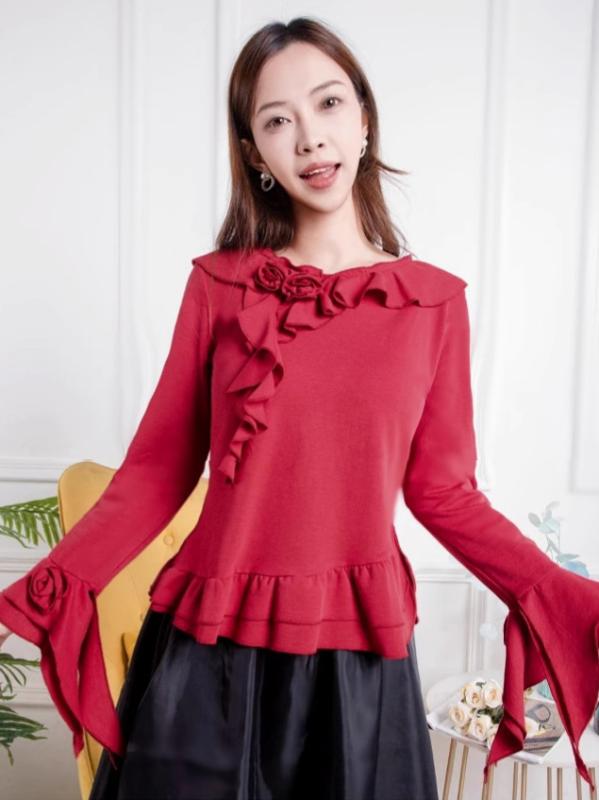 ニット レディース 女性用 秋物 小柄 長袖 トップス カットソー コットン 赤 レッド 中国風 レトロ 文芸風 通勤