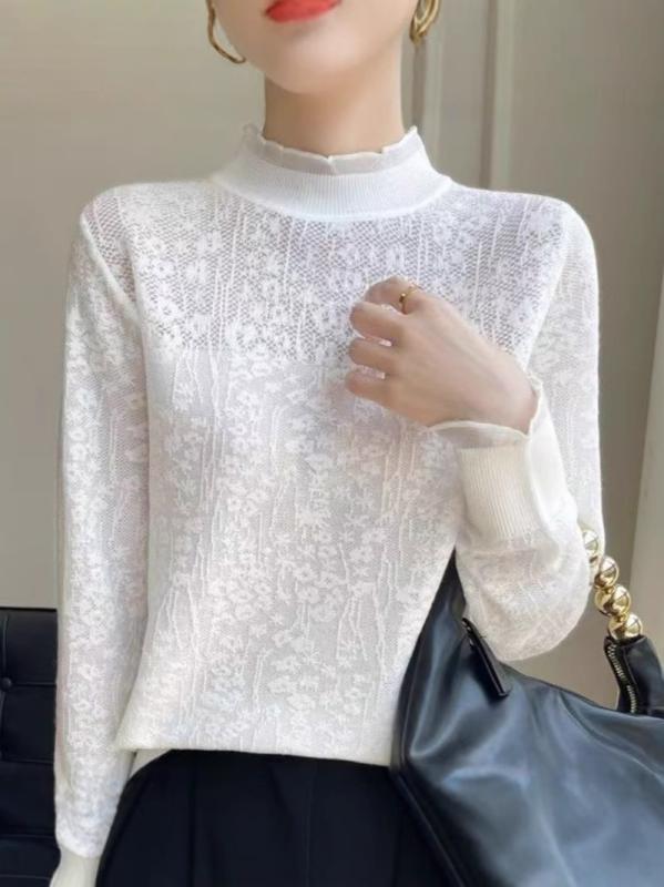 ニット レディース 長袖 レース かぎ編み トップス カットソー 半ハイネック ゆったり かわいい 春秋冬 白 ピンク系 黒 通勤着 普段使い(x2)