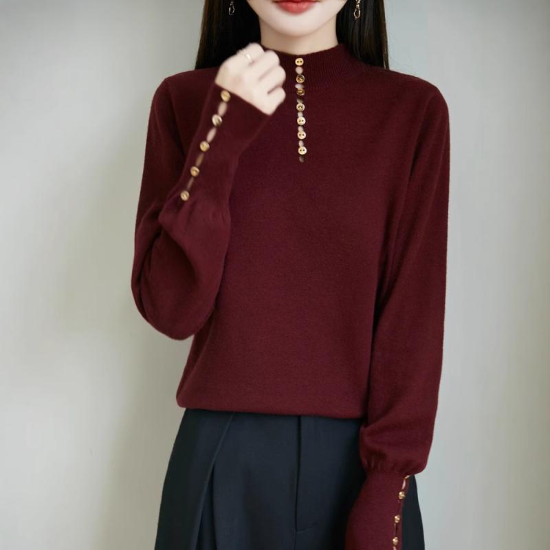 ニット レディース トップス 半高襟 長袖 プルオーバー ゆったり 暖かい ウール混紡 無地 通勤着 オフィスカジュアル アンカーレッド アイボリー ダークグレー 魅影グレー モカブラウン オートミール ピンク ブラック