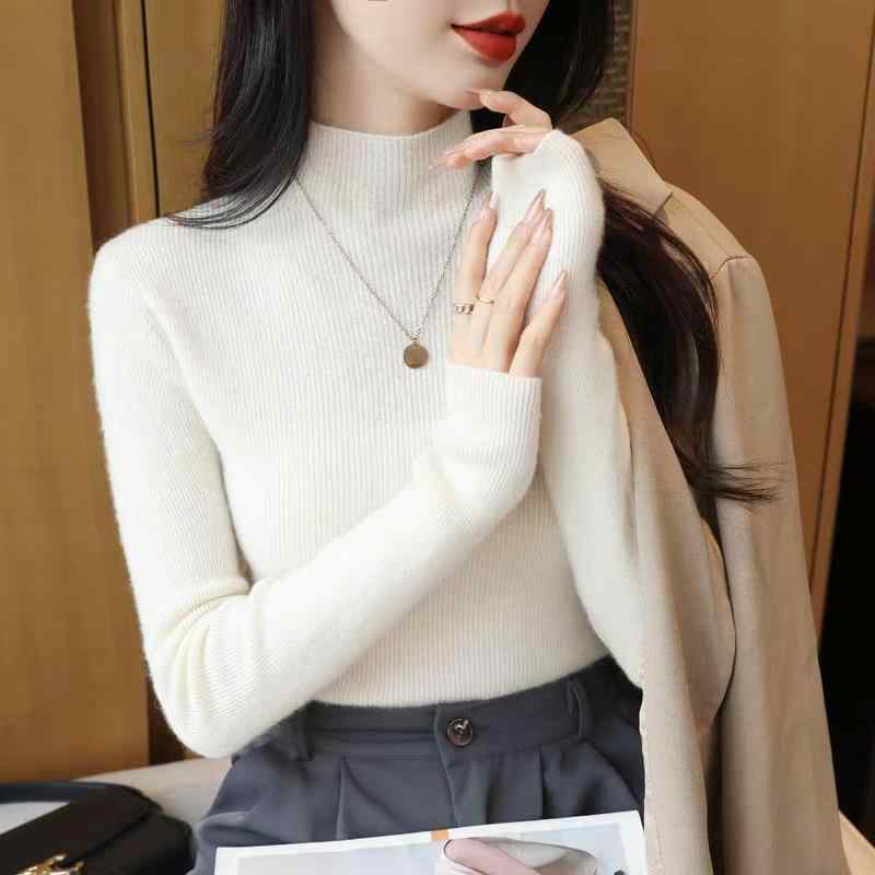 ニット レディース 秋冬 ハーフハイネック トップス 長袖 無地 スリムフィット プルオーバー カットソー インナー タッチ ストレッチ 伸縮性 ベージュ グレー(x2)